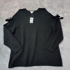 J Jill‎ Ribbed Stitch Knit Sweater Sz XL Black Cold Shoulder Bow Capsule Staple